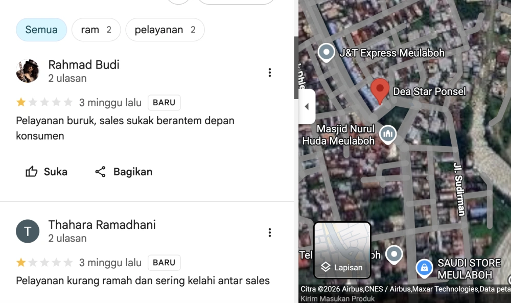 Testimoni soal pelayanan di Dea Star Ponsel atau Dea Store Meulaboh. [Google Review]