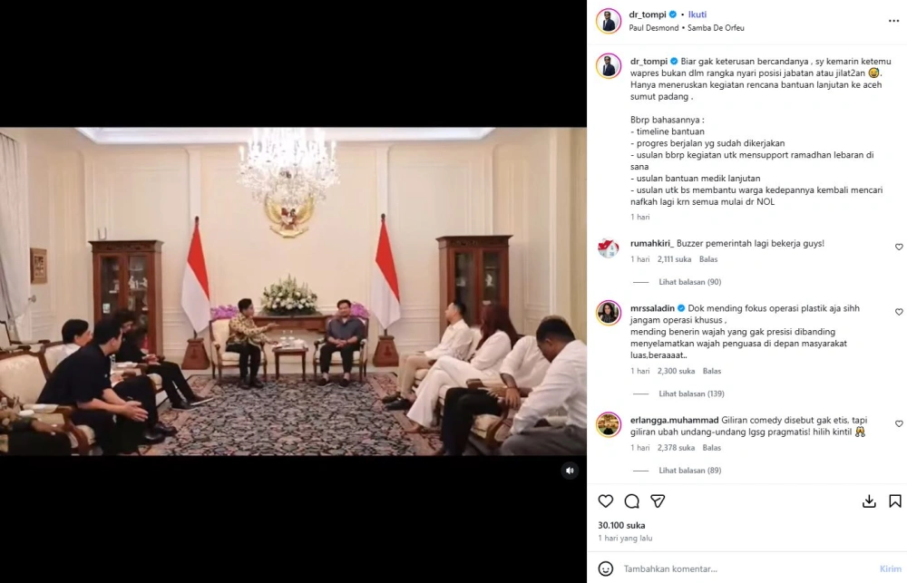 Tompi Bertemu Gibran Rakabuming di Istana [sumber: Instagram Dr Tompi]