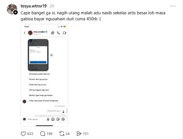 Unggah Tangkapan Layar Percakapan Dengan Aldy Maldini [Sumber: Threads]