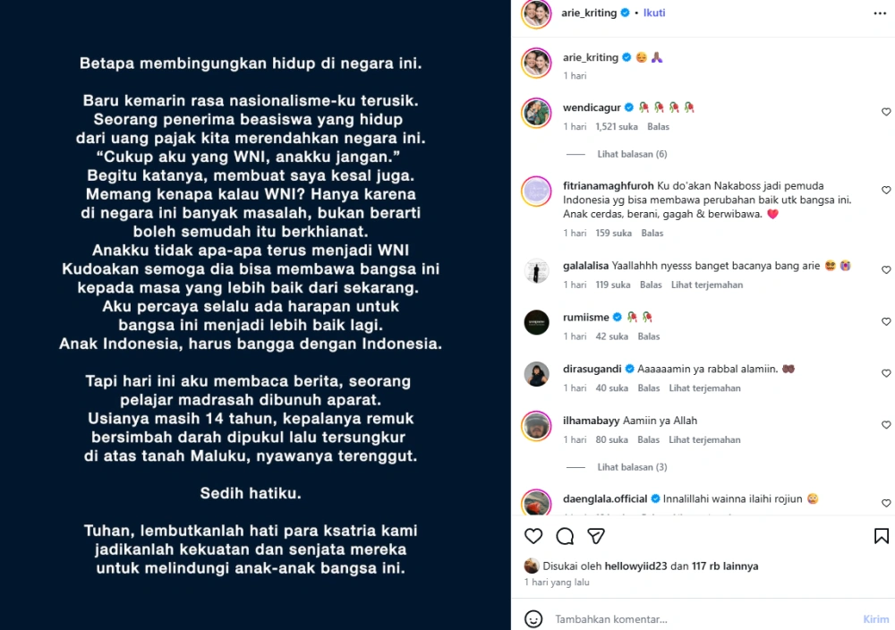 Unggahan Arie Kriting [sumber: Instagram Arie Kriting]