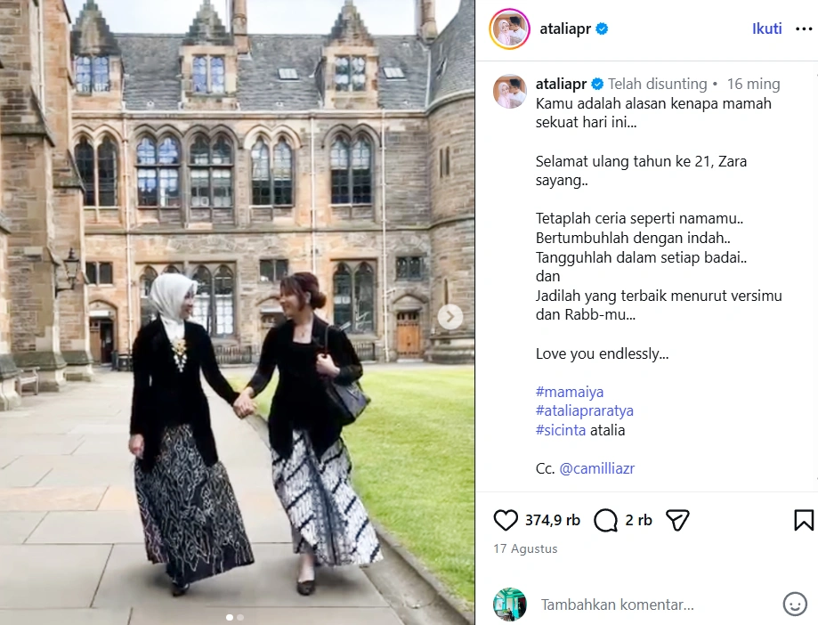 Unggahan Atalia Praratya [Sumber: Instagram Ataliapr]