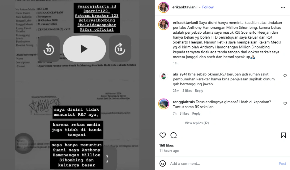 Unggahan Erika Oktaviani Masuk Rsj Soeharto Heerjan [Sumber: Instagram]