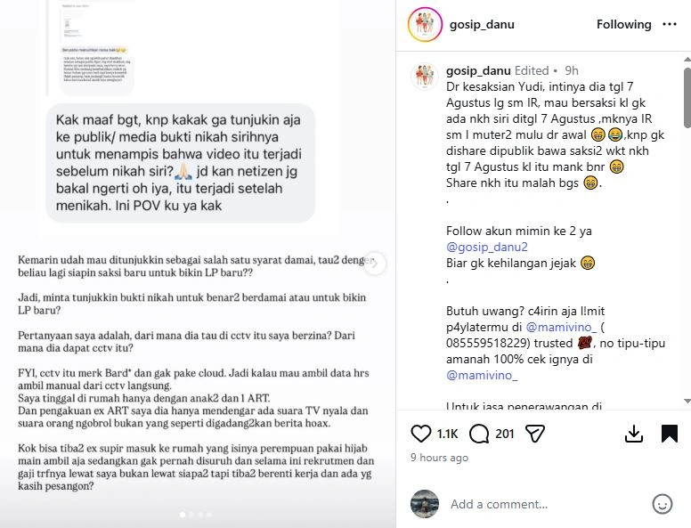 Unggahan Inara Rusli [sumber: Instagram Gosip Danu]