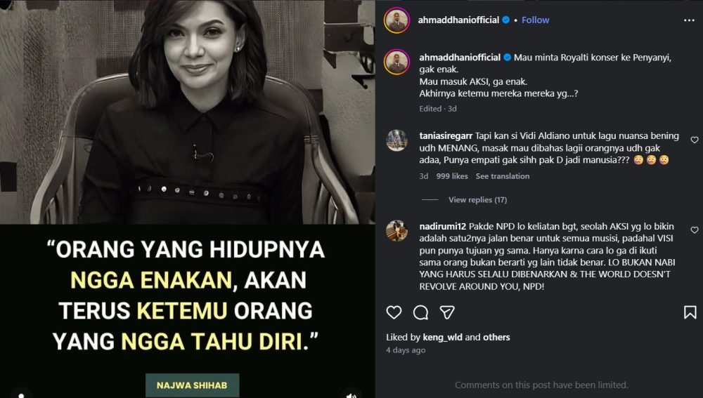 Unggahan Instagram Ahmad Dhani Singgung Soal Royalti [Sumber: Instagram]