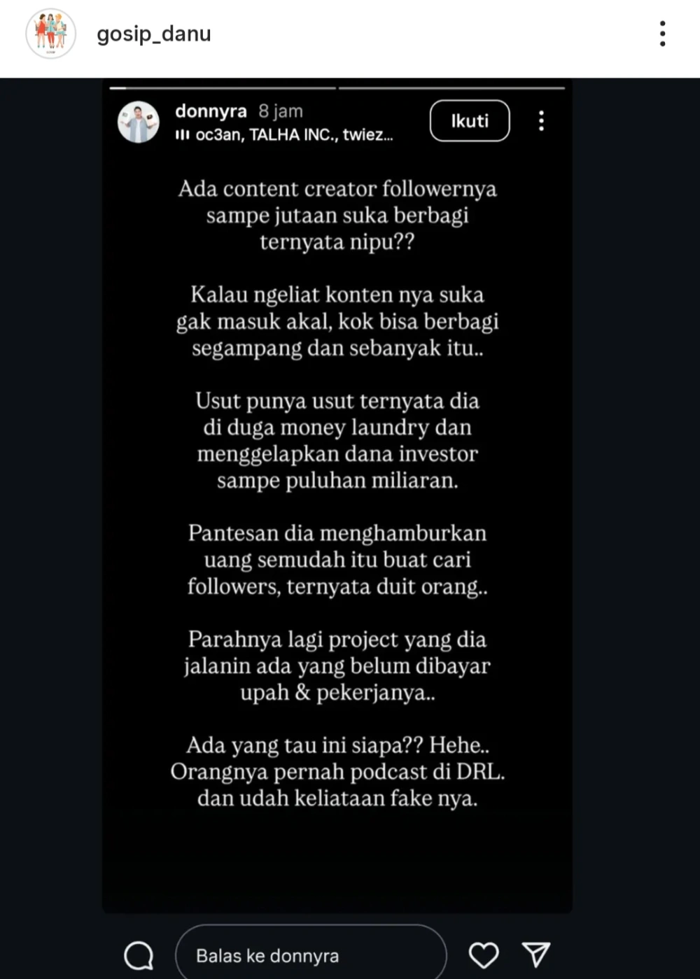 Unggahan Instagram Gosip Danu