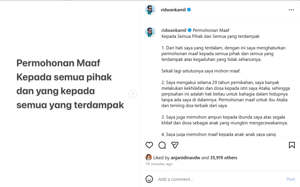 Unggahan Permohonan Maaf Ridwan Kamil Sumber Instagram