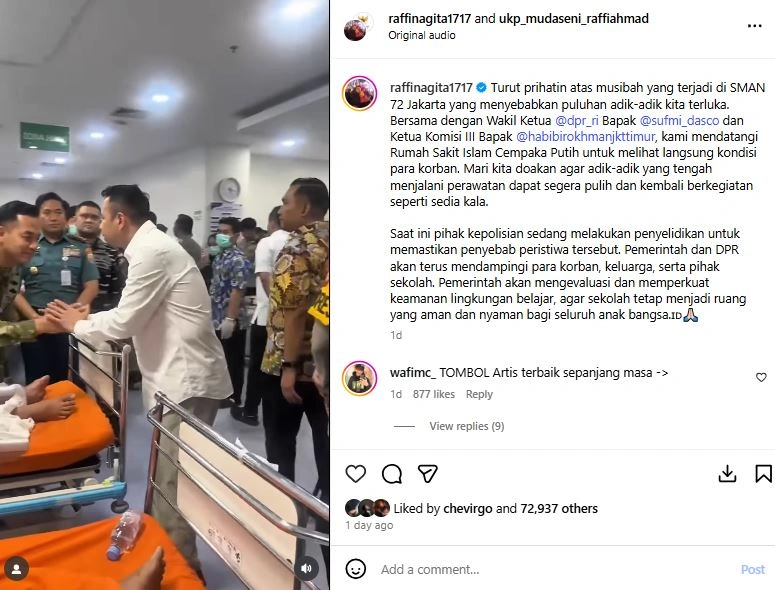 Unggahan Raffi Ahmad Saat Kunjungi Korban Ledakan Sman 72 Jakarta Instagram Raffiahmad