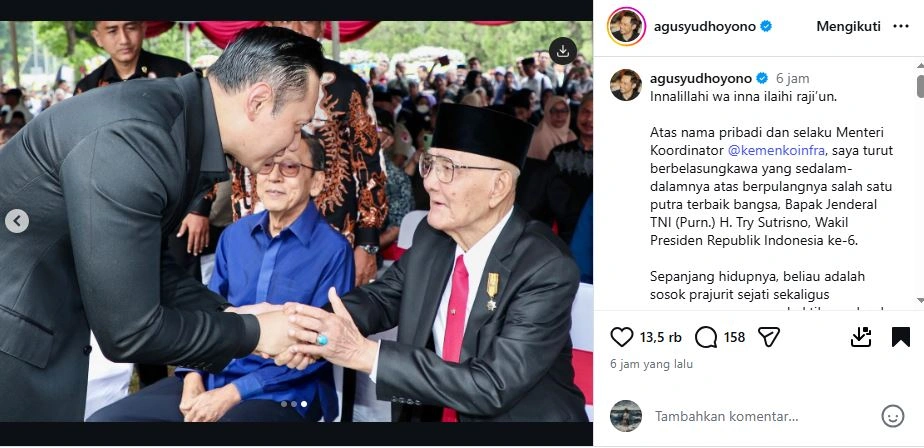 Ungkapan Duka Ahy Atas Kepergian Try Sutrisno [sumber: Instagram Agusyudhoyono]