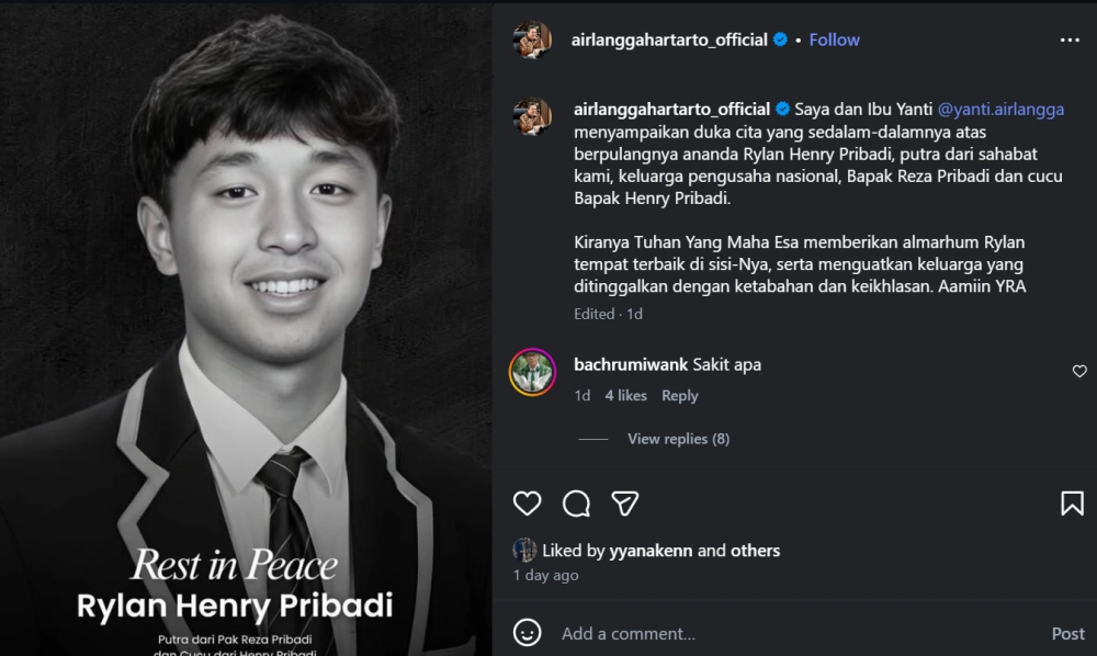 Ungkapan Duka Airlangga Atas Kepergian Rylan [Sumber: Instagram]