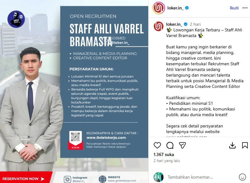 Verrell Bramasta Buka Loker Staff Ahli Dpr Instagram Bramastavrl