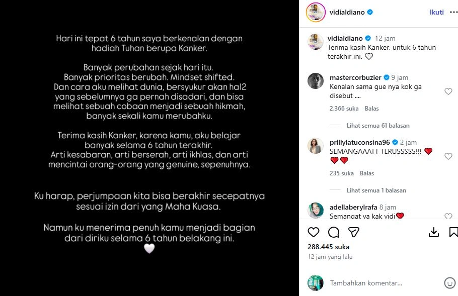 Vidi Aldiano Ucapkan Terima Kasih Usai 6 Tahun Berjuang Lawan Kanker [Sumber: Instagram Vidialdiano]