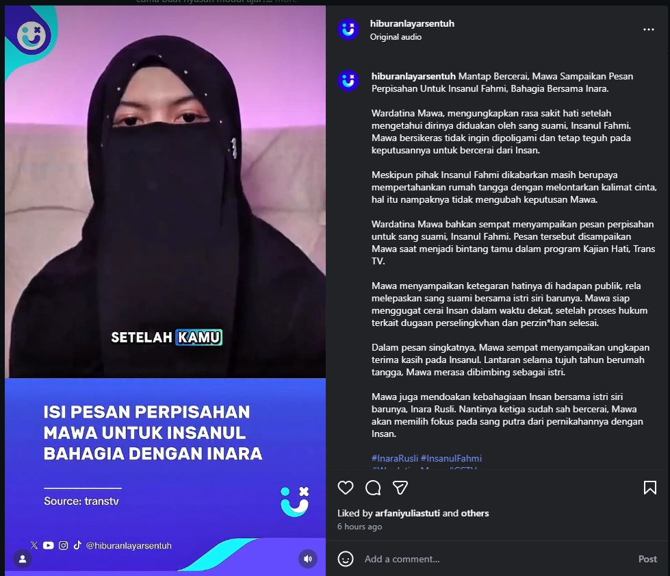 Wardatina Mawa Cerai Dari Insanul Fahmi [Sumber: Instagram]