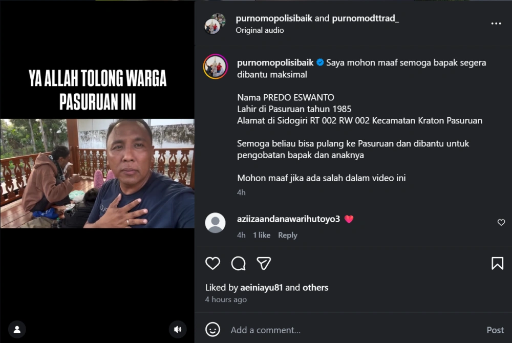 Warga Pasuruan Yang Sakit Minta Bantuan Ipda Purnomo Polisi Baik [Sumber: Instagram]