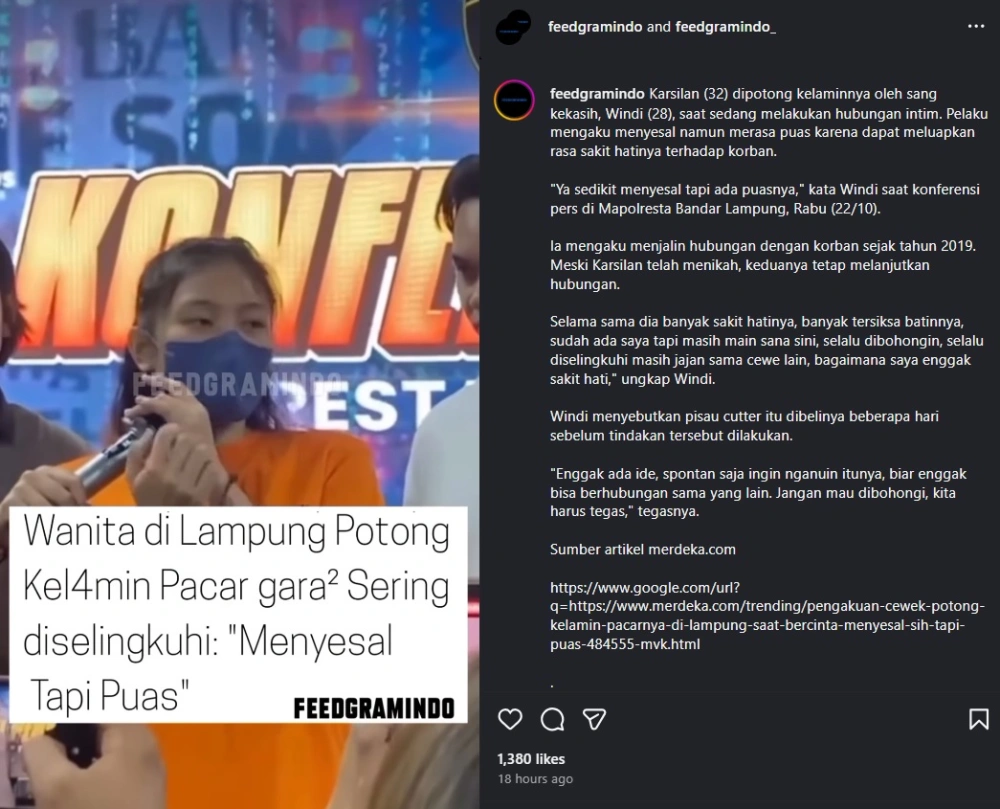 Windi Mengaku Puas Potong Kelamin Pacarnya Karena Sakit Hati Instagram Feedgramindo