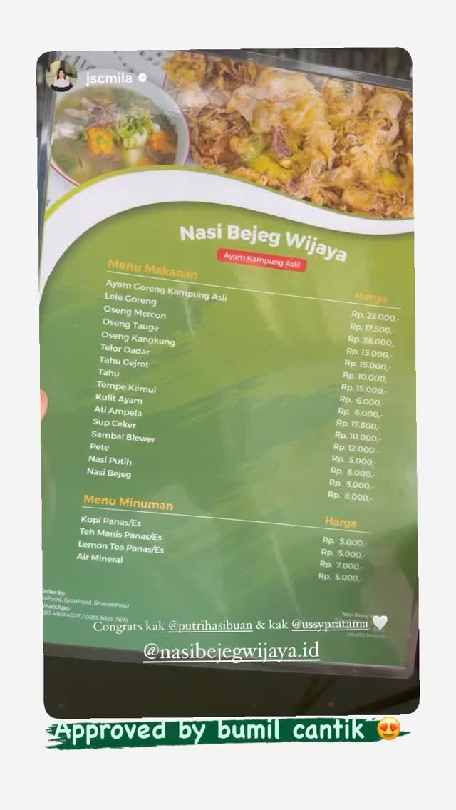 Menu Nasi Bejeg Wijaya Rekomendasi Jessica Mila [Instagram Story]