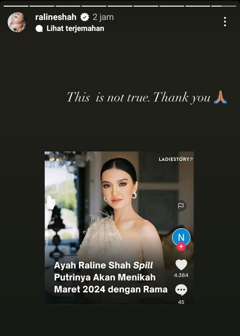 Raline Shah Klarifikasi Kabar Nikah [Instagram]