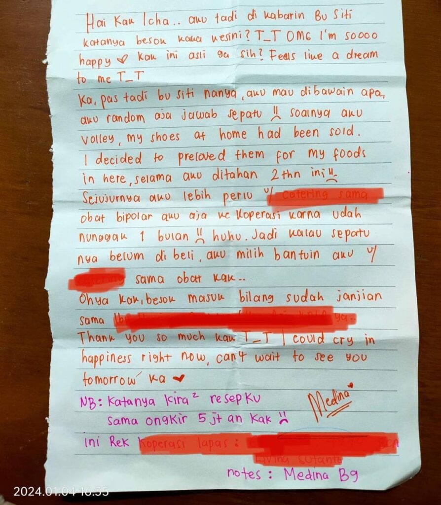 Surat Medina Zein untuk Marissya Icha di Penjara [Instagram]