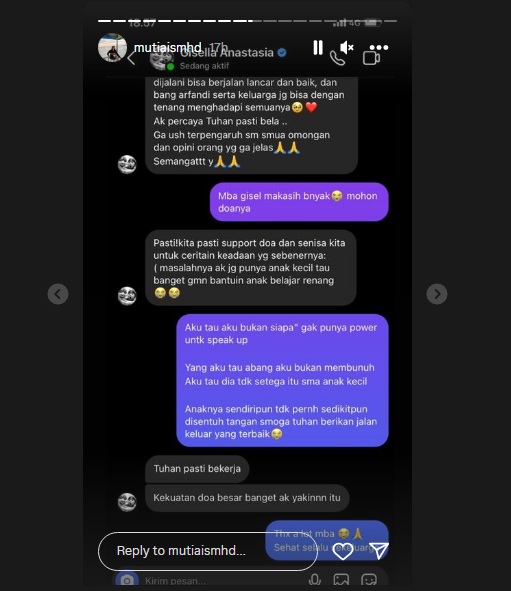 Chat dukungan Gisel untuk keluarga Yudha Arfandi.