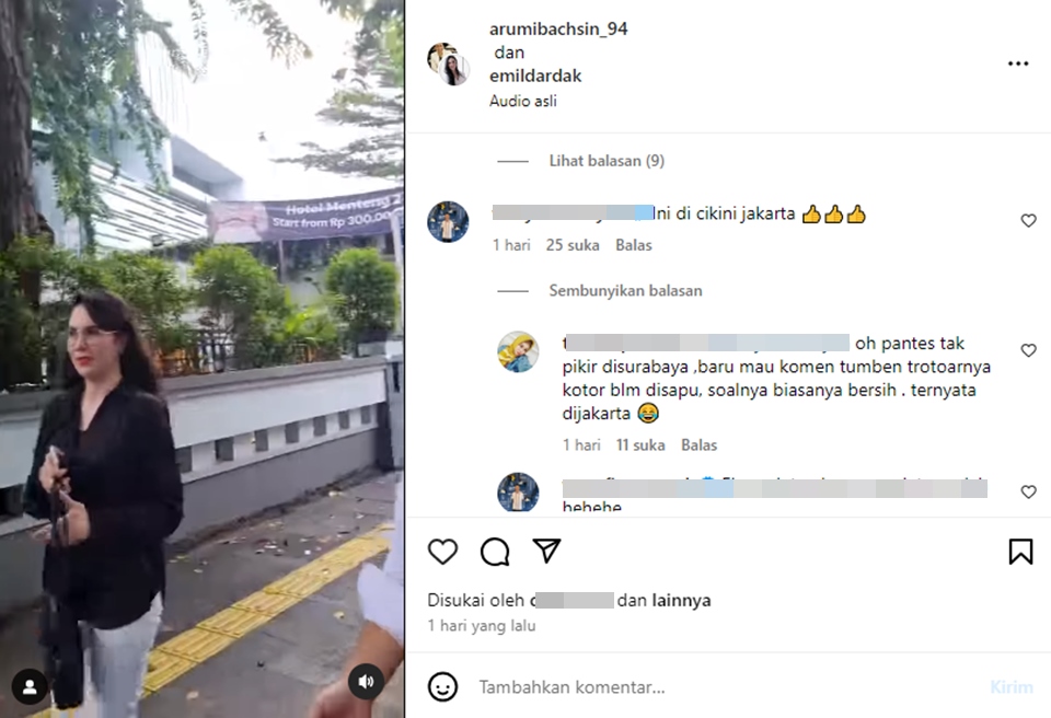 Arumi Bachsin Jalan di Trotoar Kotor [Instagram]