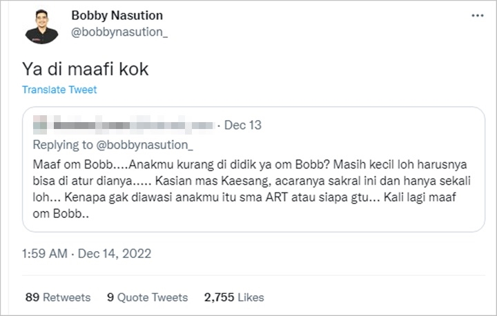 Reaksi Santuy Bobby Nasution saat Nahyan Dibilang Kurang Terdidik