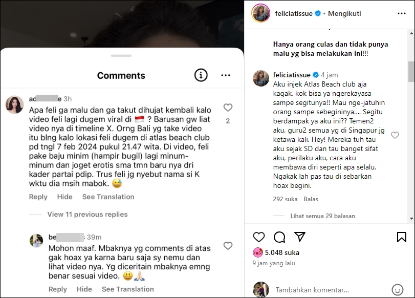 Klarifikasi Felicia Tissue Dituding Dugem