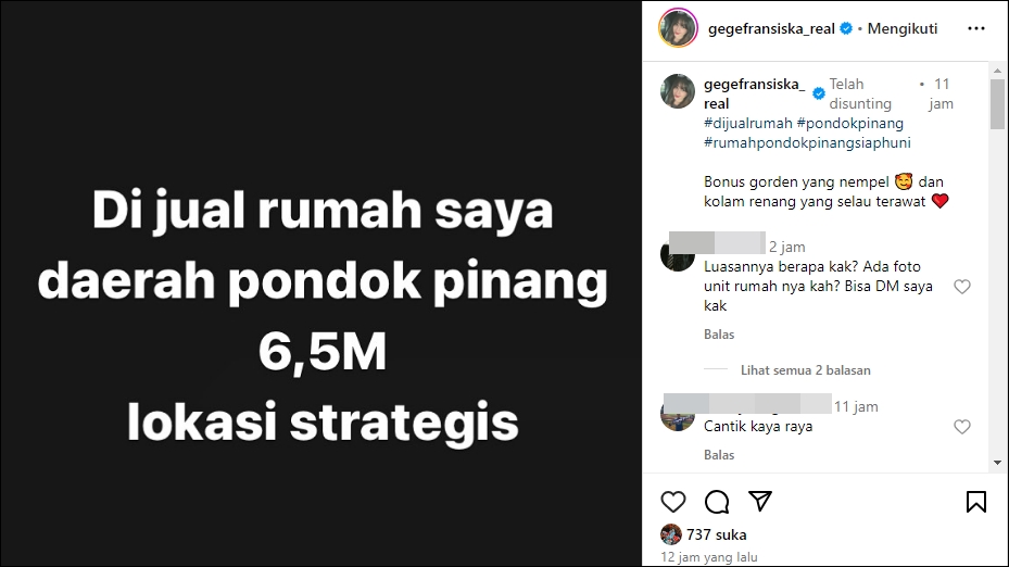 Gege Fransiska Jual Rumah Rp6,5 Miliar usai Suami Direbut Pelakor
