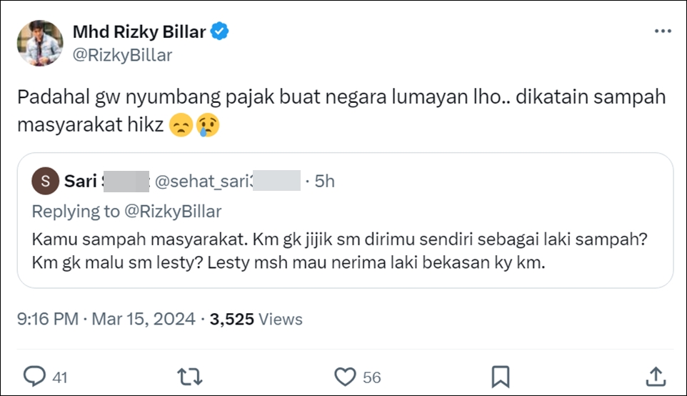 Rizky Billar Dibilang Sampah Masyarakat