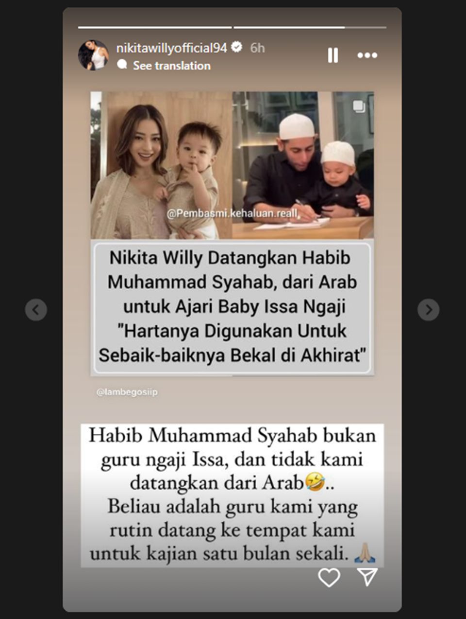 Klarifikasi Nikita Willy soal Datangkan Habib untuk Jadi Guru Ngaji Issa [InstaStory]