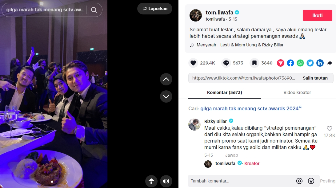 Tom LIwafa dan Rizky Billar Saling Balas Komentar