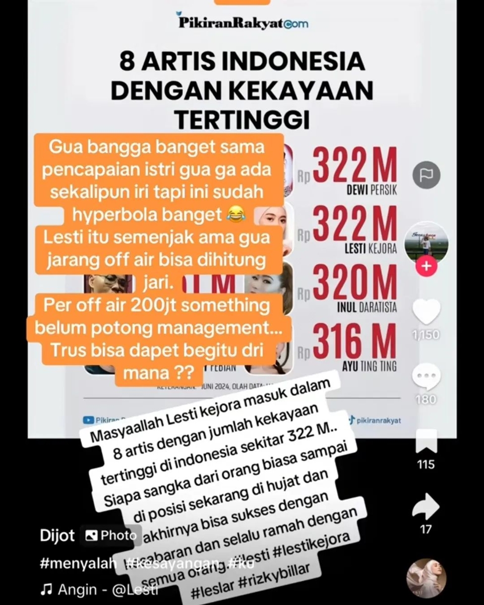 Total Kekayaan Lesti Kejora Rp322 Miliar Dibantah Rizky Billar