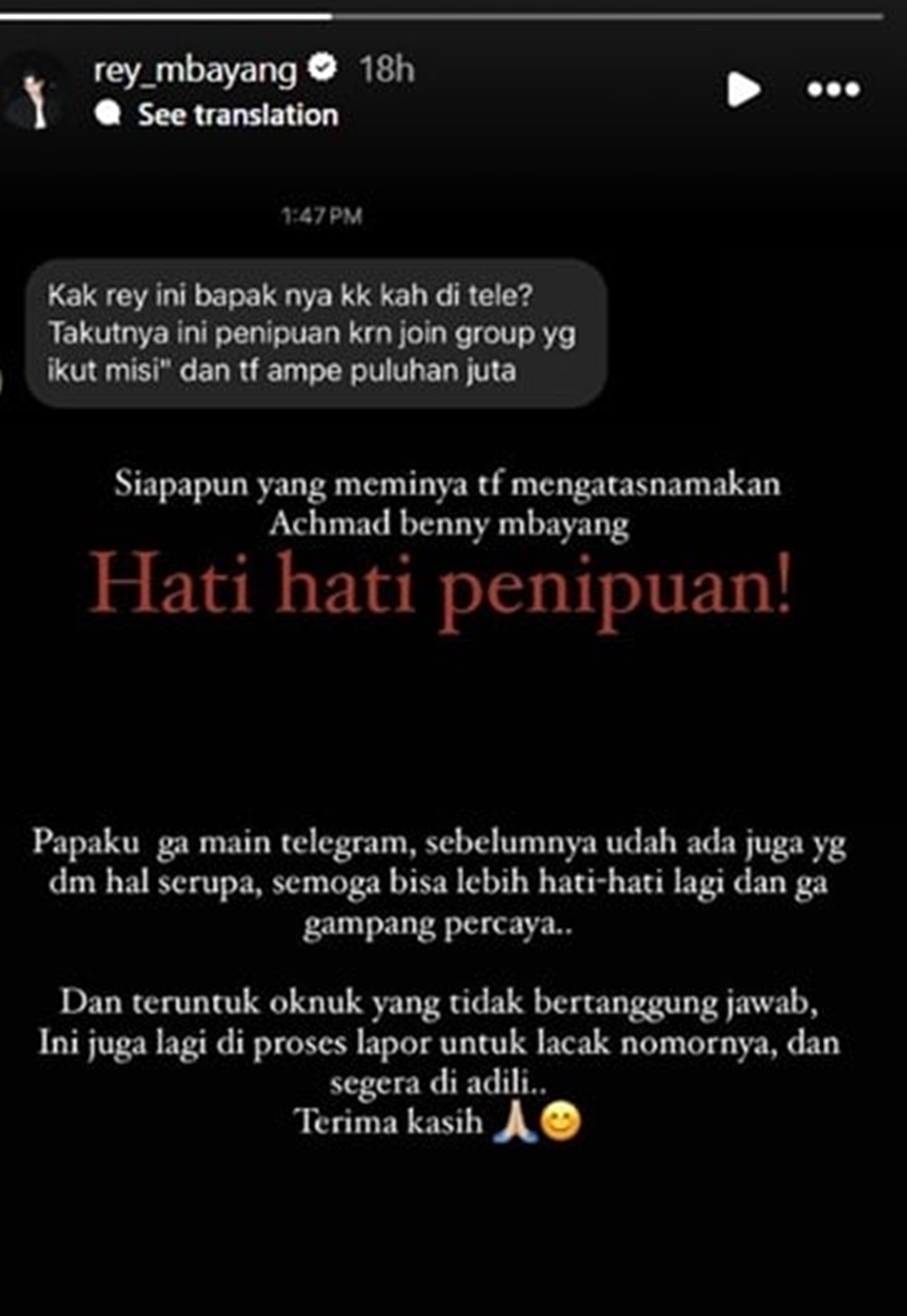 Nama Ayah Rey Mbayang Dicatut Penipuan [Instagram]