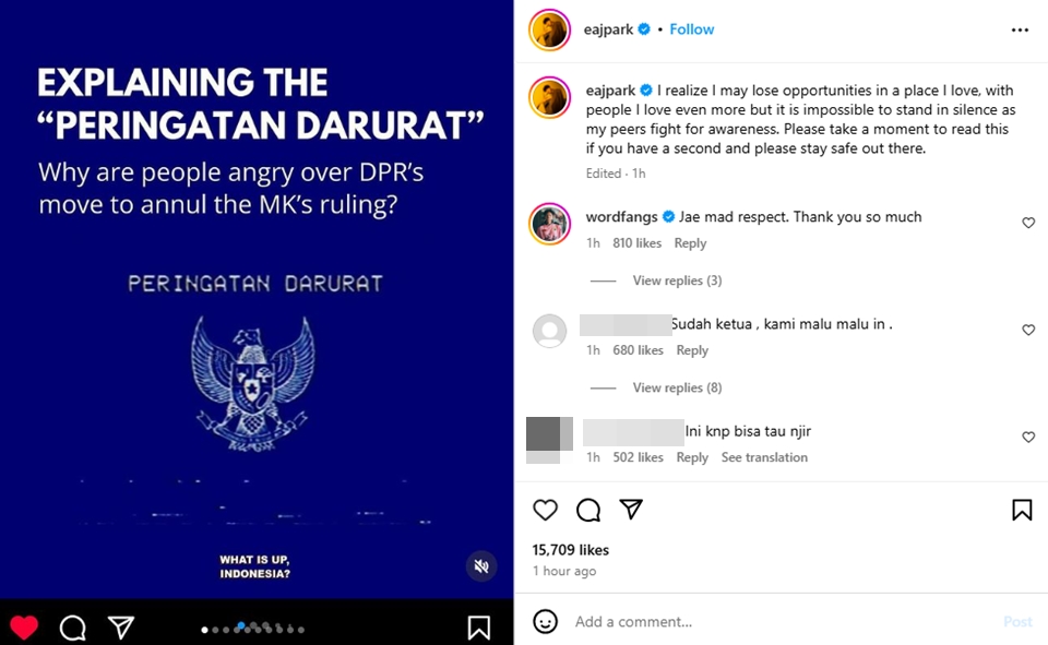 Jae Park Posting Peringatan Darurat 
