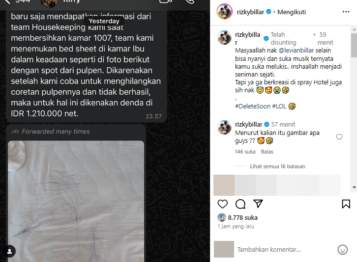 Rizky Billar Bayar Denda Rp1,2 Juta Gara-Gara Putranya Coret Sprei Hotel
