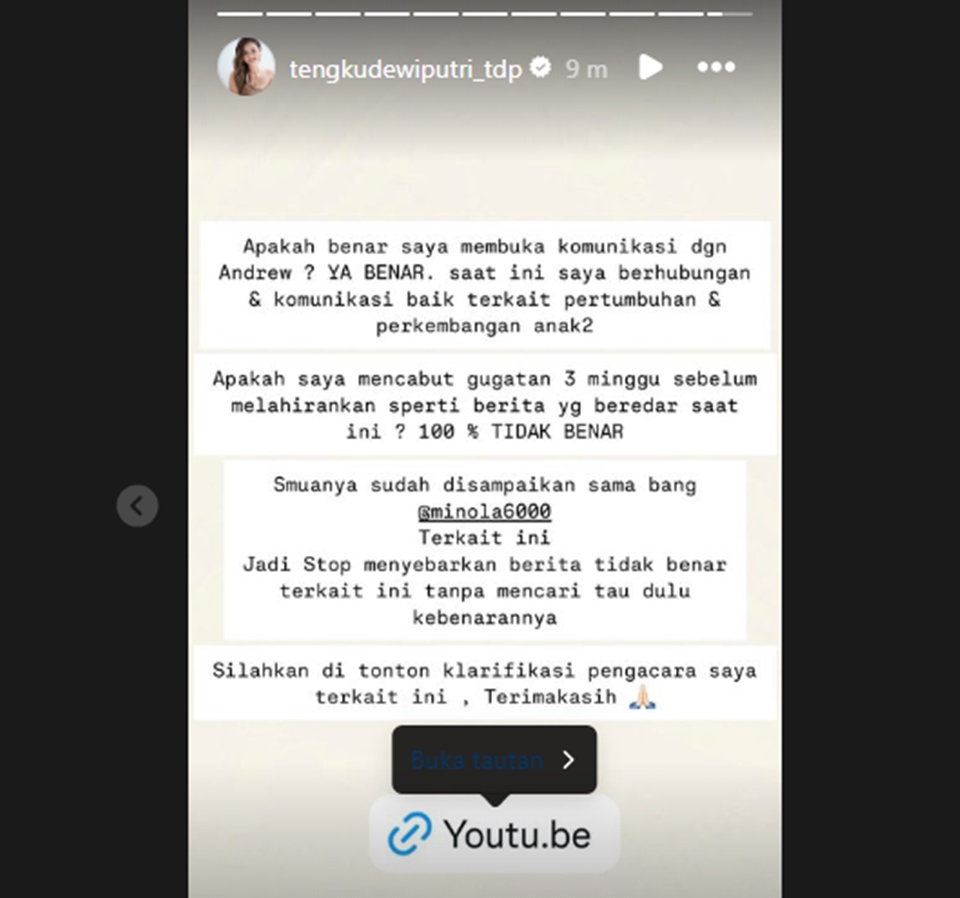 Tengku Dewi Bantah Cabut Gugatan Cerai [Instagram Story]