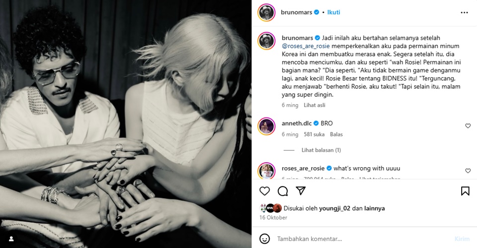 Rose BLACKPINK Dibuat Panik Dengan Aksi Bruno Mars di Medsos [Instagram]