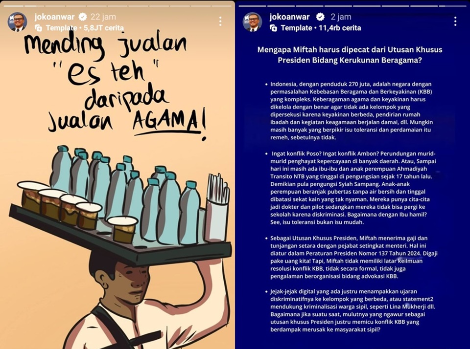 Joko Anwar Ingin Gus Miftah Dipecat dari Posisi Utusan Khusus Presiden [Instagram Story]