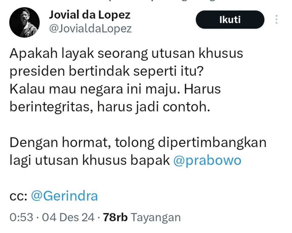 Jovial da Lopes Dukung Pemecatan Gus Miftah [X/Twitter]