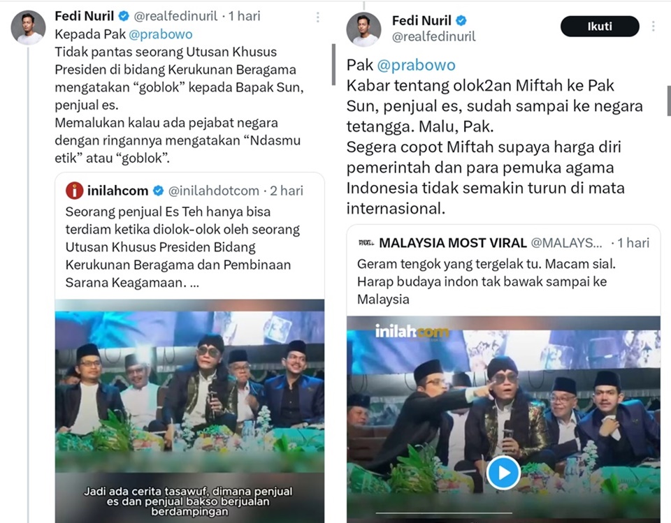 Fedi Nuril Tuntut Pemecatan Gus Miftah [X/Twitter]