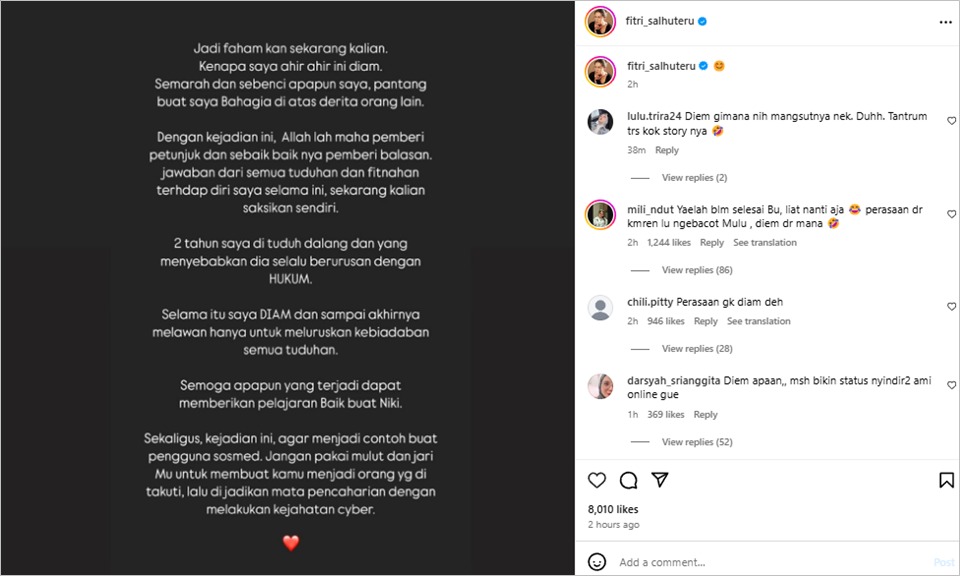 Fitri Salhuteru usai Nikita Mirzani jadi tersangka kasus pemerasan [instagram]