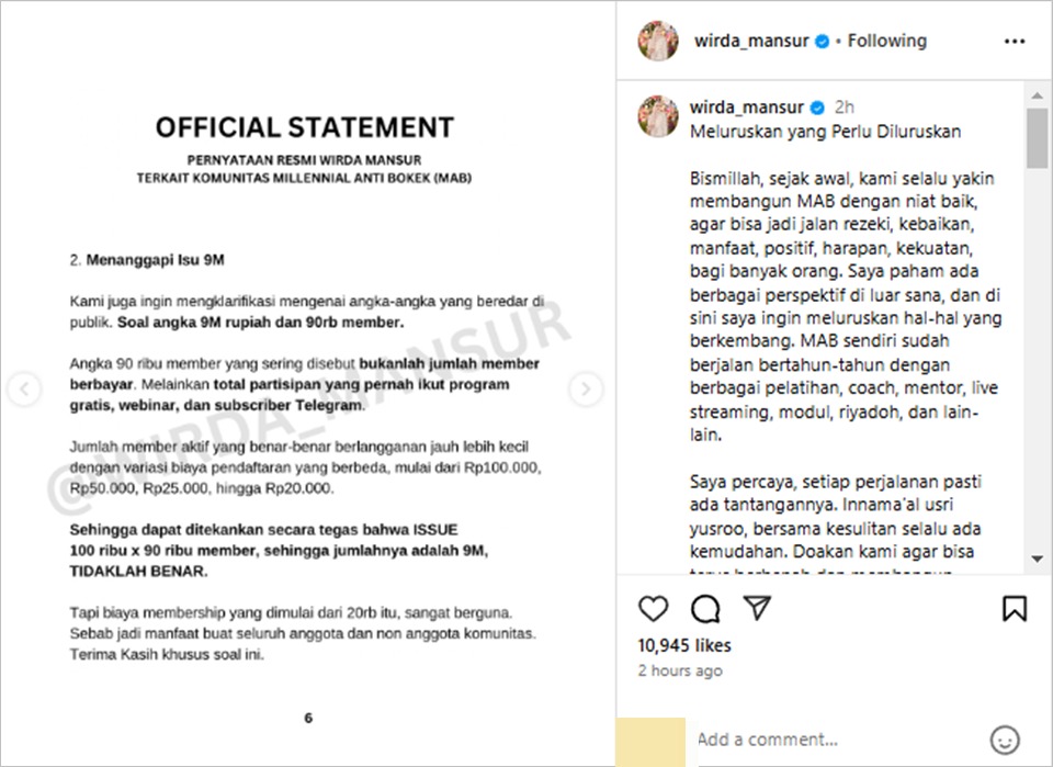 Klarifikasi Wirda Mansur [instagram]