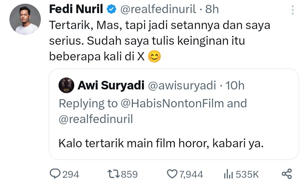 Fedi Nuril Ingin Main Film Horor