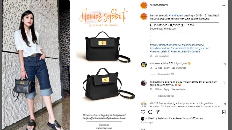 Sandra Dewi Tenteng Tas Hermes Rp 152 juta Instagram