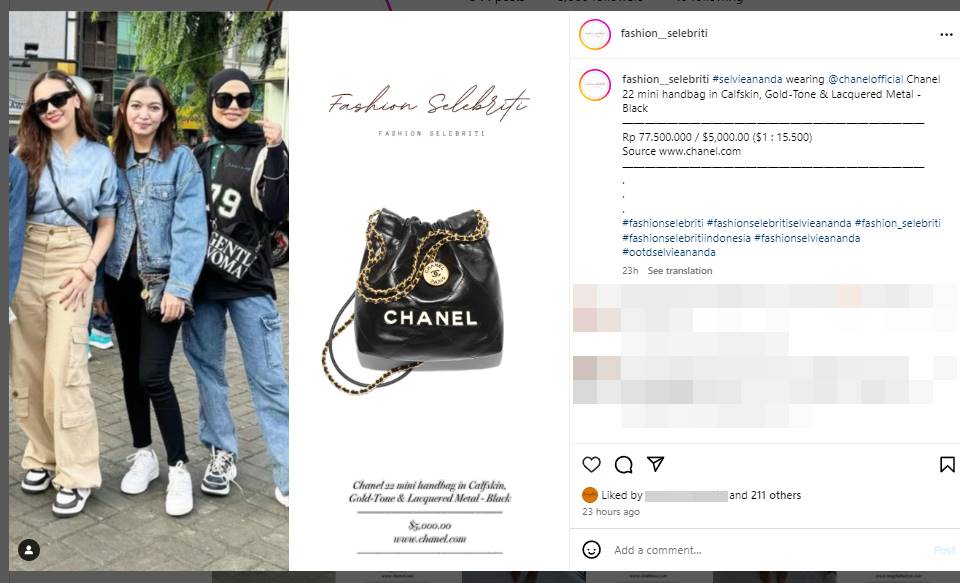 Selvi Ananda pakai tas Chanel Rp775 Instagram