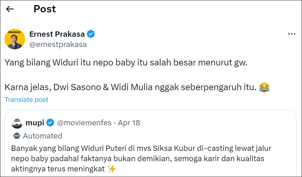 Ernest Prakasa Pastikan Widuri Bukan Nepo Baby