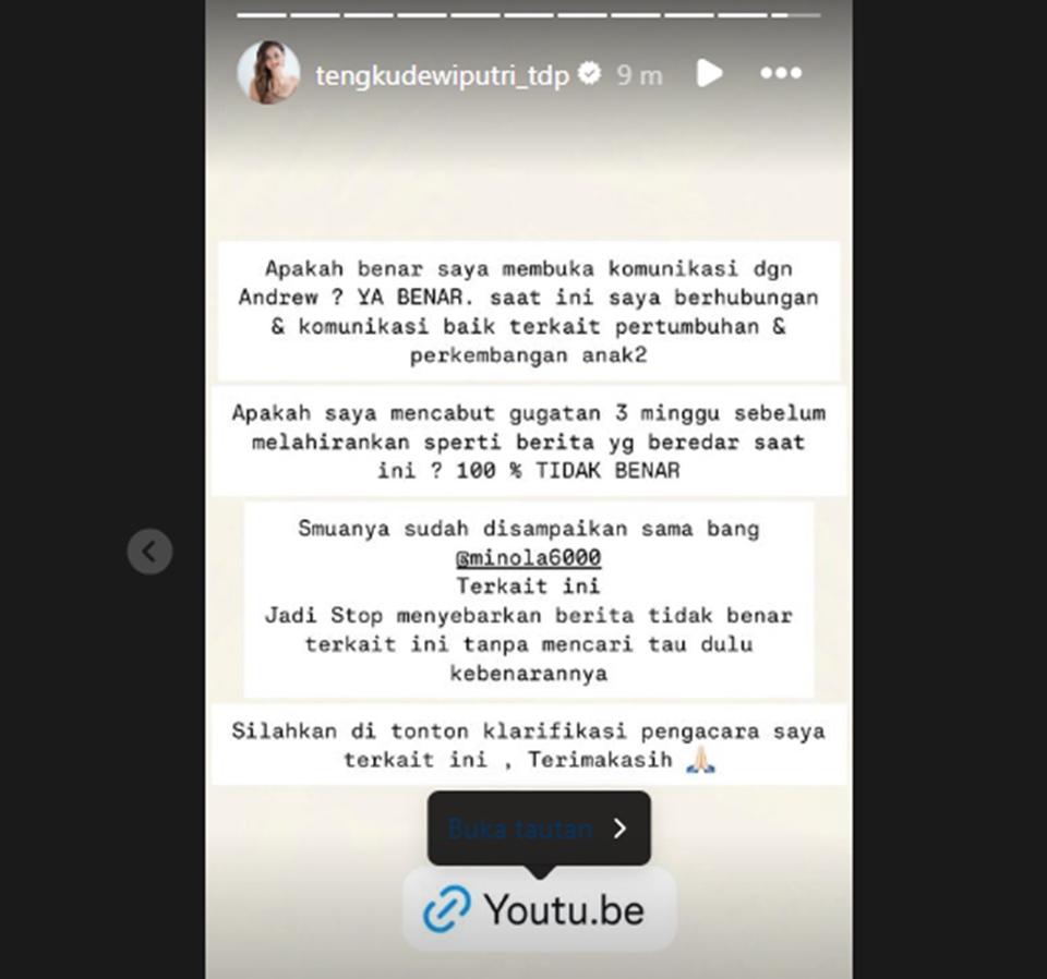 Tengku Dewi Bantah Cabut Gugatan Cerai Instagram Story