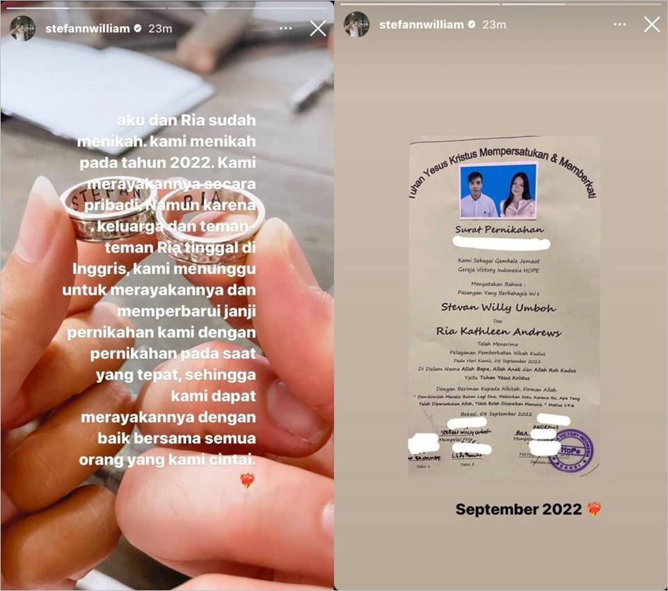 Stefan William pamer bukti nikahi Ria Andrews pada 8 September 2022 Instagram