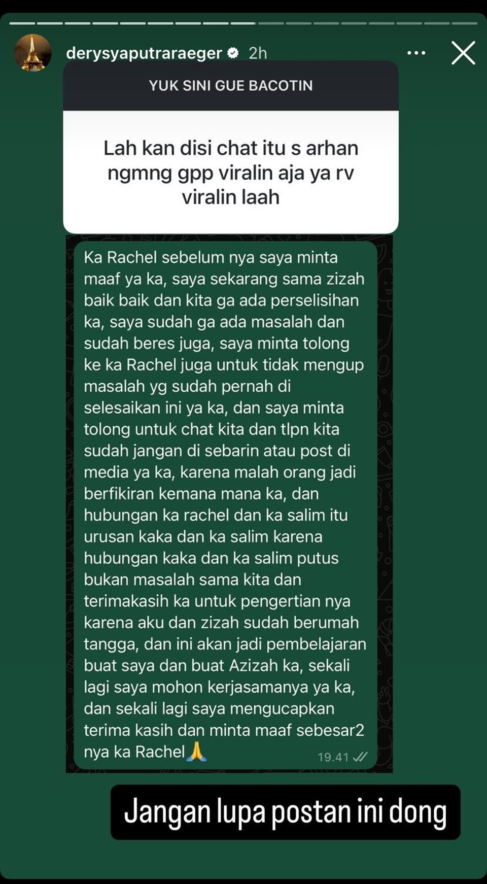 Pratama Arhan Minta Rachel Vennya Setop Sebarkan Rekaman Telepon soal Perselingkuhan Azizah Salsha Instagram